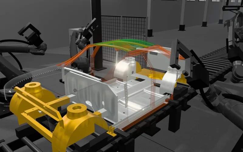 Röntgenblick auf die Karosserie: Die Außenhaut ist durchscheinend, Säulenring und Schweller sind orange, Vorder- und Hinterwagen gelb, der Kabinenboden hell, das Aluminiumdach grün; die Schweißpunkte leuchten.