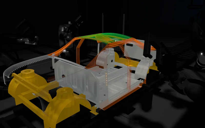 Röntgenblick auf die Karosserie: Die Außenhaut ist durchscheinend, Säulenring und Schweller sind orange, Vorder- und Hinterwagen gelb, der Kabinenboden hell, das Aluminiumdach grün; die Schweißpunkte leuchten.