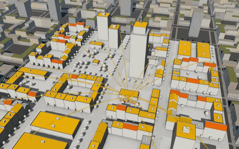 Das Quartier als helles Architekturmodell; Dächer sind nach ihrem Solarpotenzial gelb bis orange eingefärbt, Energieflüsse führen zum Quartierspeicher.