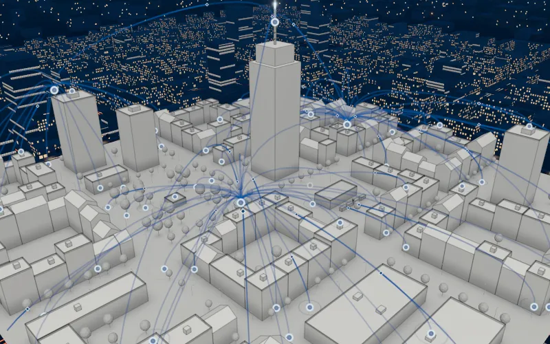 Das Quartier als helles Architekturmodell mit blauen Sensorknoten, deren Datenpakete zu Gateways und zur Plattform laufen.